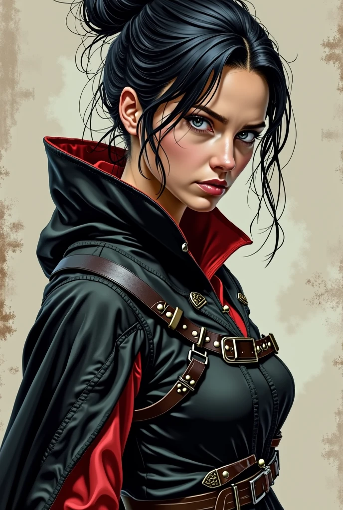 Can you generate character design of female, looks like jennifer carpenter with black hair in messy bun. Grey eyes. In black and dark red renaissance assassin creed clothing with hood on her back. Semi realistic comics style.