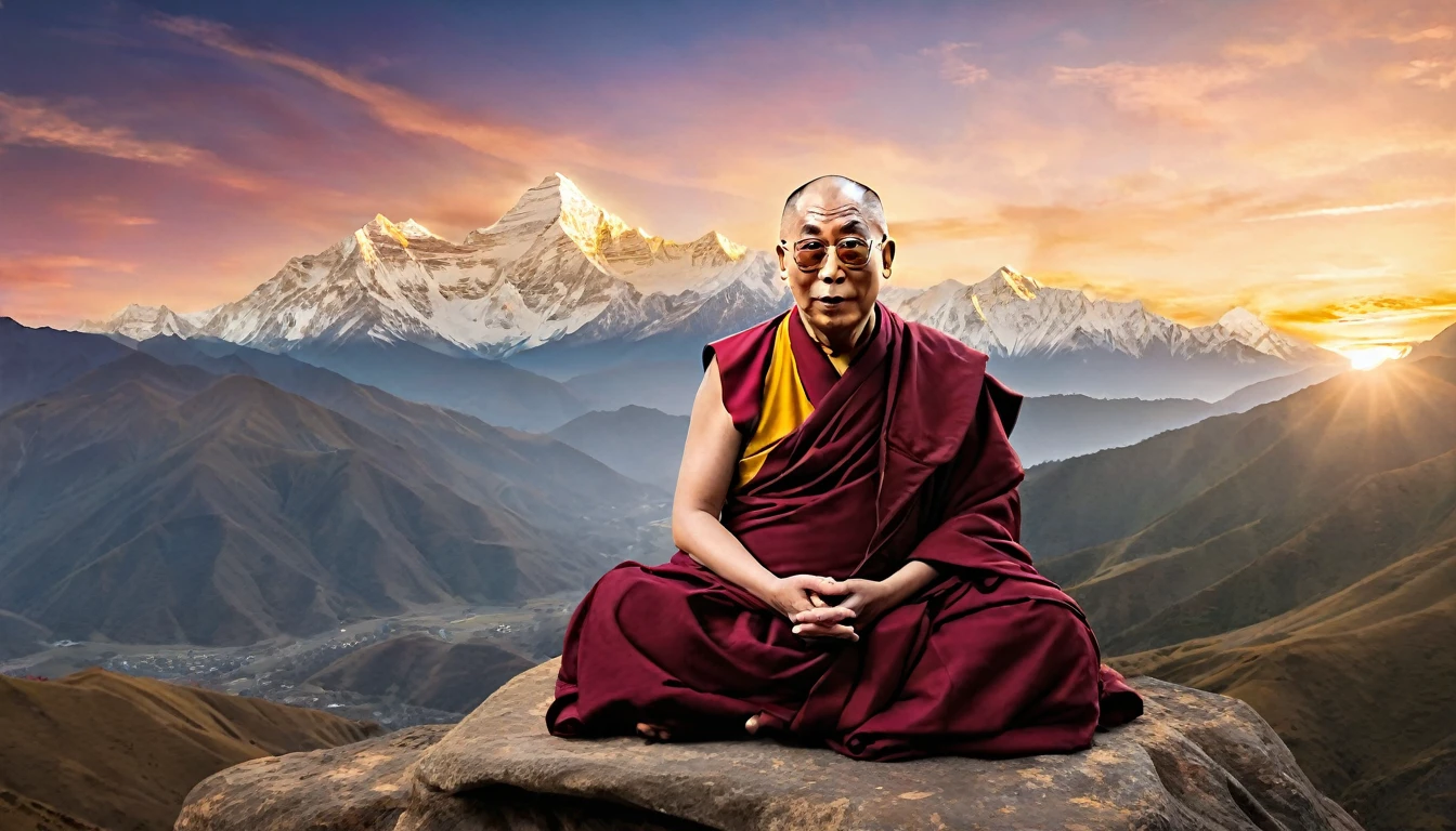 Create an image for a YouTube thumbnail featuring an ethereal, serene portrayal of the Dalai Lama meditating on a mountain top at sunrise. Surround him with a soft, golden light symbolizing wisdom and peace. Incorporate subtle Tibetan symbols in the background, with the colors of the dawn sky blending harmoniously with the earthy tones of the mountains. The atmosphere should evoke tranquility and spiritual enlightenment, drawing viewers in with a sense of calm and profound respect.
