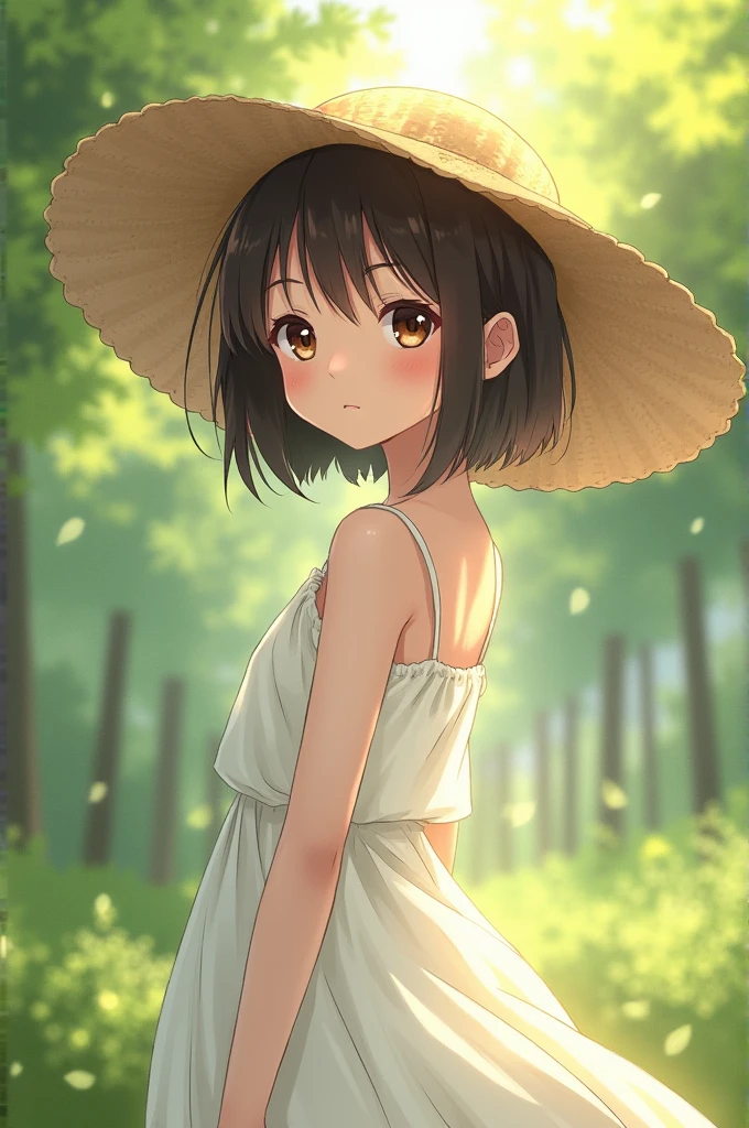 Eleven year old Japanese girl, wearing a simple white summer dress, wearing a wide hat