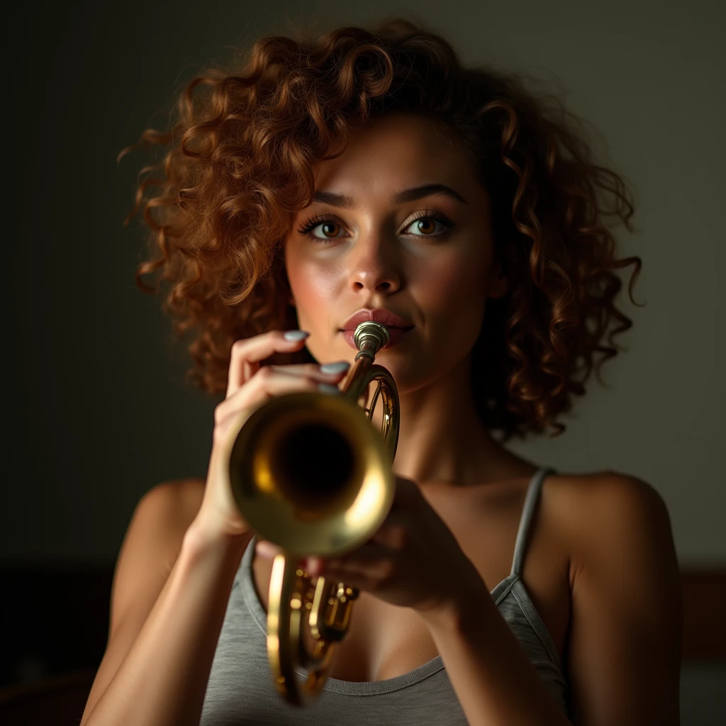 Woman with brown curly hair, Brown eyes, Play the trumpet