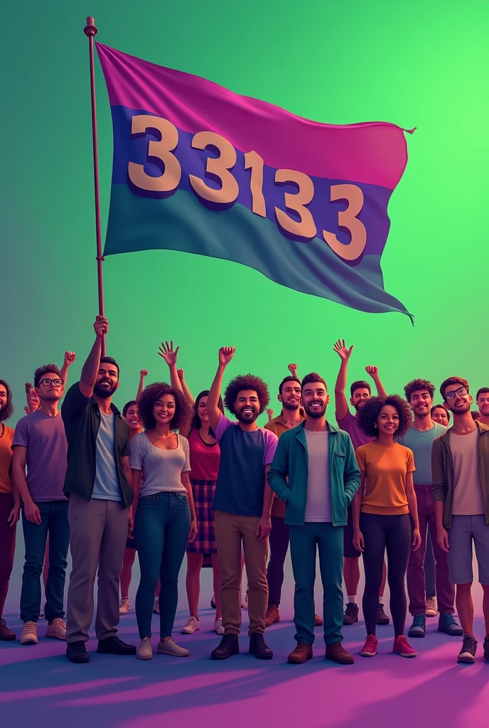 Create video of diverse people holding flag with number 33133 and green and purple background