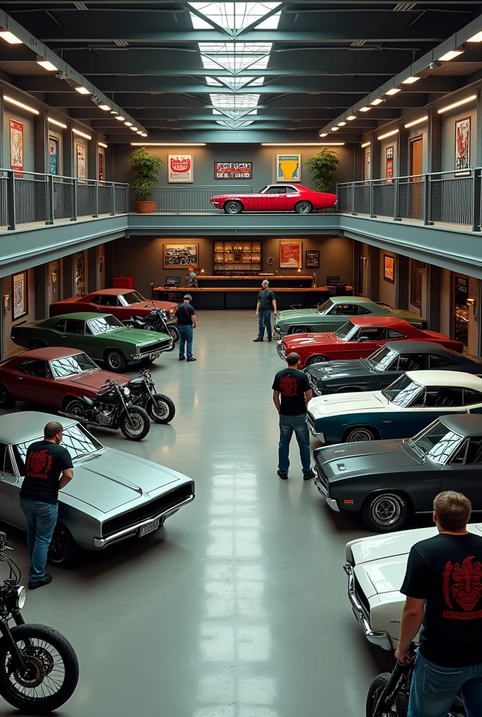 Modern contemporary motorcycle and car workshop design (6 motorcycles and 7 cars) large and spacious, very well lit, On the second floor are the offices and a recreational area with a bar and a pool table., well-defined complete cars, well-defined complete motorcycles, open hoods, six male mechanics (The mechanics wear worn-out jeans and black t-shirts with the mechanic's logo in red.), (posters, hanging tool, decorated walls), (rock or heavy rock atmosphere), wide angle photography, realistic photography, 8k, The best quality,
ford impala 1967 negro mate | dodge charger rt 1970 blanco | pontiac gto 1970 dark green | plymouth barracuda 1969 red | lincon continental negro
scout bobber Indian verde | harley davidson low riders negra | royal enfield alter ego negra | triumph bonneville bobber blanca