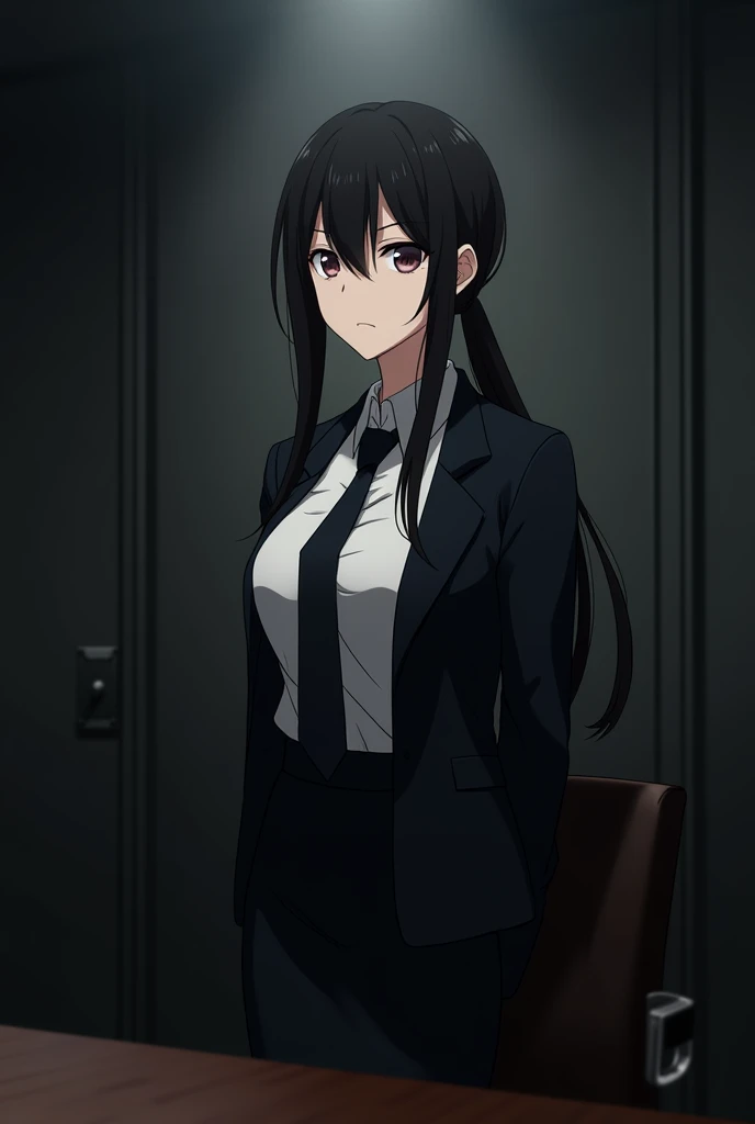 Create the following image: The image shows a slightly older woman with long black hair tied in a low ponytail., dark brown eyes and white skin. She is standing next to a table with her arms behind her back and a serious expression on her face.. Wear a white long-sleeved blouse, a black tie, black skirt and a black jacket. The background is a dark office, and his eyes stand out in the darkness. anime style.