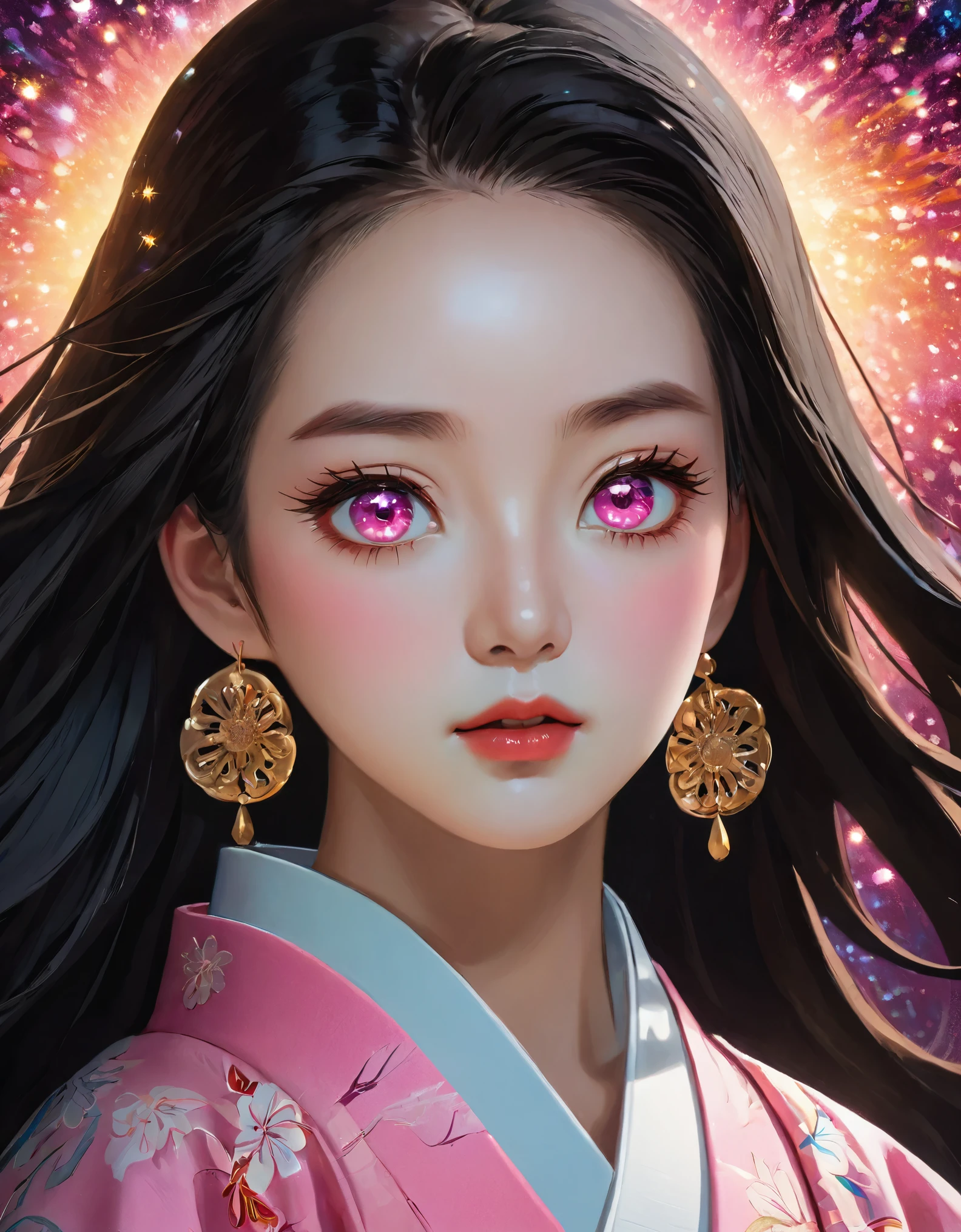 (masterpiece, best quality:1.2), Embossed paper, Solitary，Black LightNezuko from demon slayer. a young woman with long dark hair, (pink eyes), beautiful detailed eyes, beautiful detailed lips, extremely detailed face, longeyelashes, wearing a pink kimono, (best quality,4k,8k,highres,masterpiece:1.2),ultra-detailed,(realistic,photorealistic,photo-realistic:1.37),digital painting,exquisite detail,intricate details,highly detailed,vivid colors,warm lighting,cinematic lighting,dramatic lighting, iridescence, dramatic angle, space, (floating colorful sparkles:1.3), Dramatic Lighting, Chiaroscuro, Evocative Depth, Face Portrait, Close up, ulzzang, (looking at viewer), 
