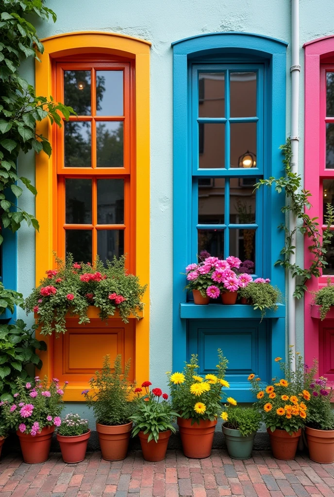 Front facing image of 4 single story multicoloured bright coloured boho chic windows in a row with multicolour pots of flowers