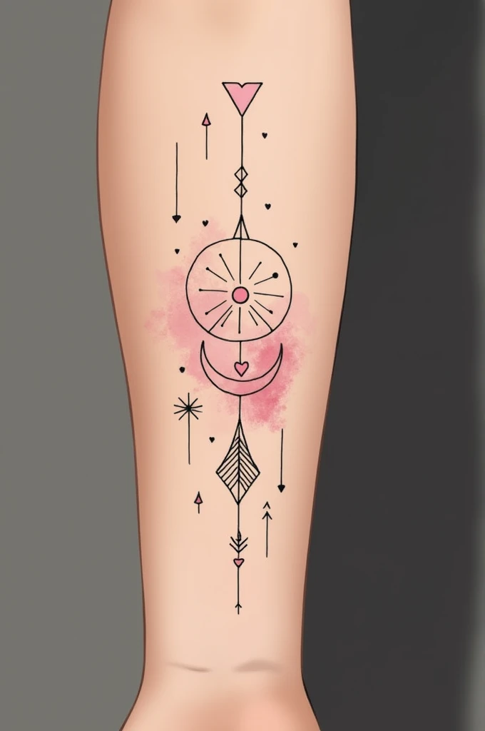 A minimalist tattoo in the direction of an arrow, with the astrological sign Gemini, a half moon with a sun inside, des petits triangles avec des petites étoiles abstraites tout le long et des petits coeurs en haut et en bas du tatouage, pour le bras d'une femme