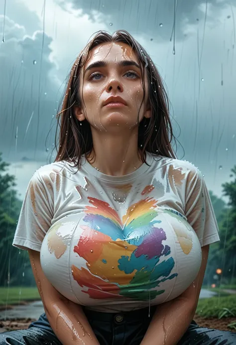 (1 girl) (masterpiece, best quality) woman in a colorful graphic designer t shirt sitting on a dock, , ,  , stormy dark sky, rai...