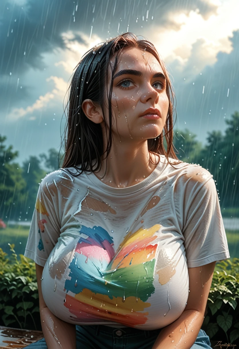 (1 girl) (masterpiece, best quality) woman in a colorful graphic designer t shirt sitting on a dock, , ,  , stormy dark sky, raining, , extreme detail on face (fantasy oil painting)
(), large forehead, large dark eyebrows, large nose, wide chin
(Breasts covering entire torso)
normalized chounyuu ((safe for work:1.3) ((huge breasts covered by shirt)),  by norman Rockwell, 