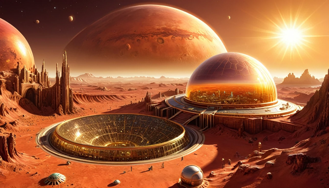 create an image of a big, huge space port on the surface of a red planet, where the space ships have landed, and the sun is far far away, there is no air on this planet, everything is built inside a big dome that shine in gold and glass.