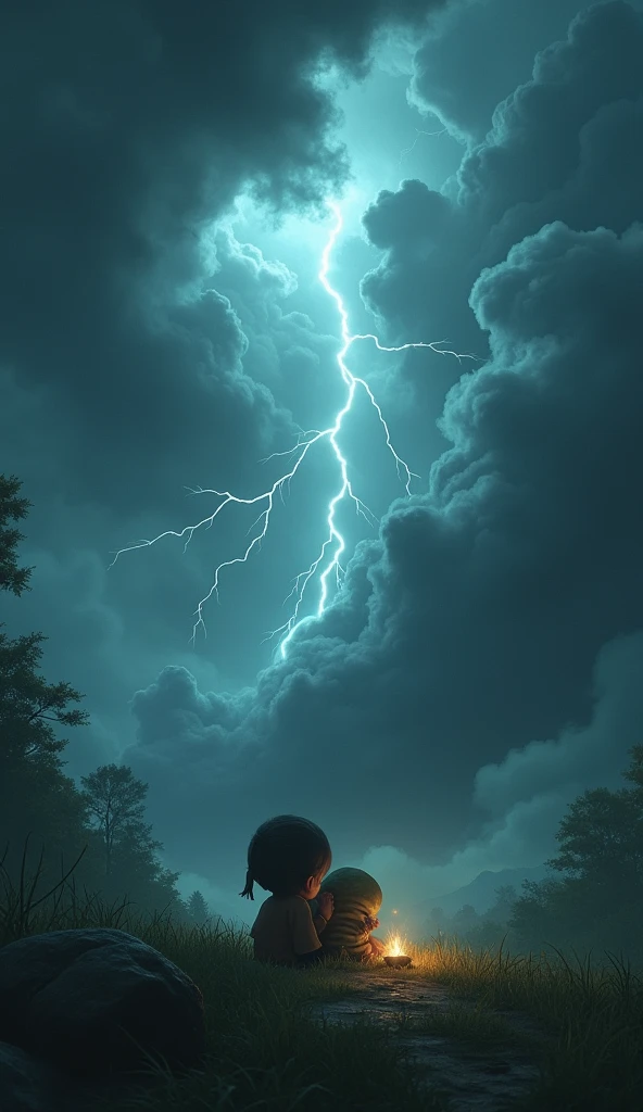 Scene 2: The storm rolls in
- Image prompt: Dark clouds gathering, with lightning flashing in the background. Tiny looking scared, with Squeaky coiled next to her.