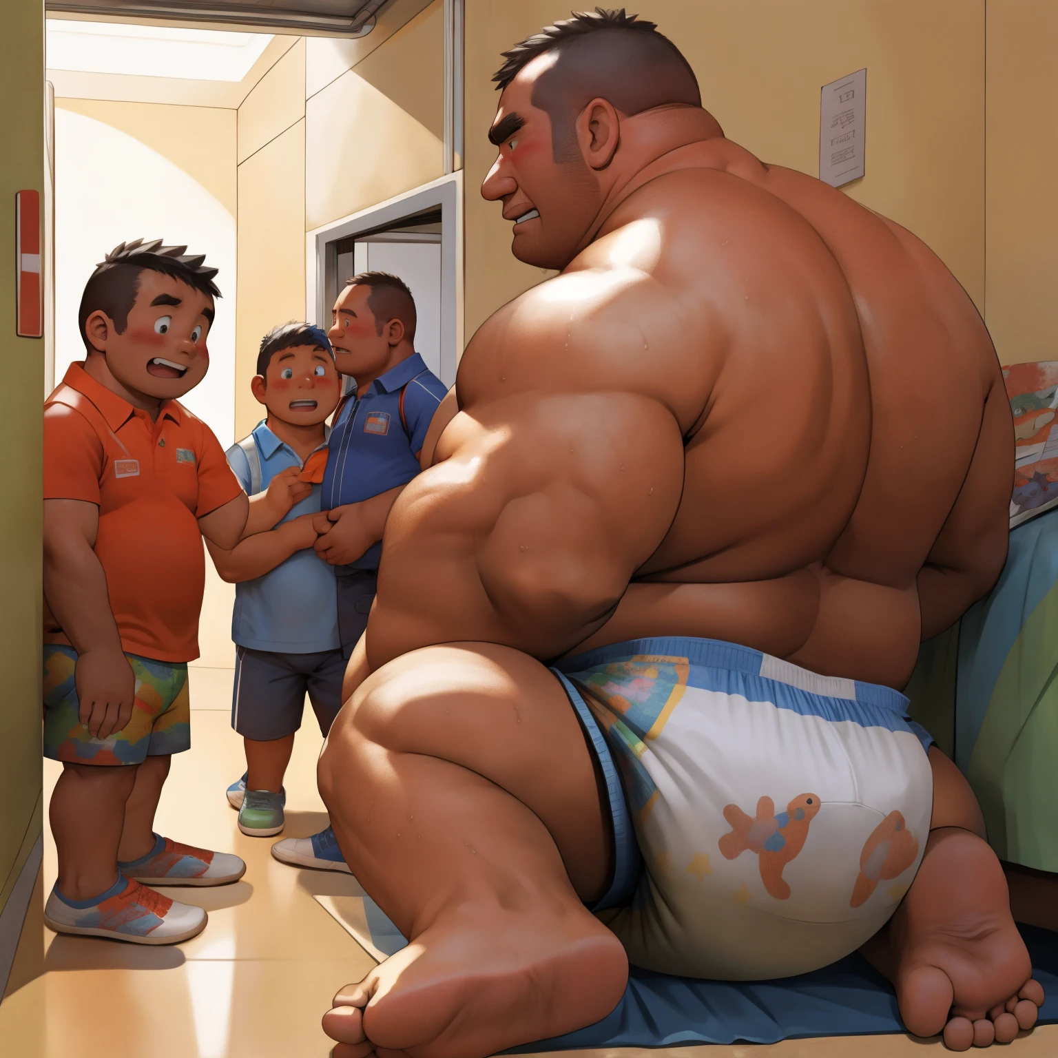 masterpiece, Top quality, in 32K, perfect anatomy, hyper detailed, super fine illustration, The thick man is a brutal retarded prisoner, hairy human, 50yo in Japan, (fatness: 1.0), Fatty muscle, Bowleg, disappointment, incontinent, shy, sissy, Weaker than children, Drool, Round face, be diaper check by children, waddle, There is a small puddle under him, incontinent, Bowleg, spread legs, wear a White cloth Diaper, Bare belly, Bare legs, Bare foots, Bare soles, Shirtless, wide forehead and short thinning hair, Man with round face with stubble, Bare foots, Bare soles, He enters nursery school and is despised by children, He surrounded by children, His bottom is wet, Bare foots, big butt, he is scolded by the children, White Diaper, He surrounded by children, sobbing, wear a White cloth Diaper, shirtless, There is a small puddle under him, He enters nursery school and is despised by children, big butt, sobbing, He crawling to go to children, on all fours, side view