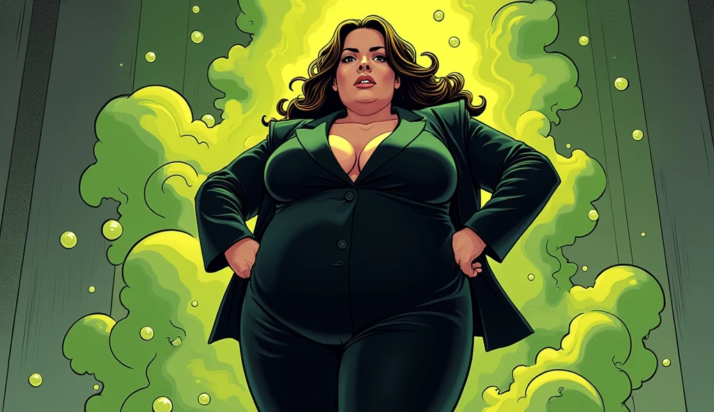 Beautiful long haired morbidly obese female mob boss in her 20s, wearing a black suit, farting, olive green gas coming out of her buttcbeeks, comic artstyle