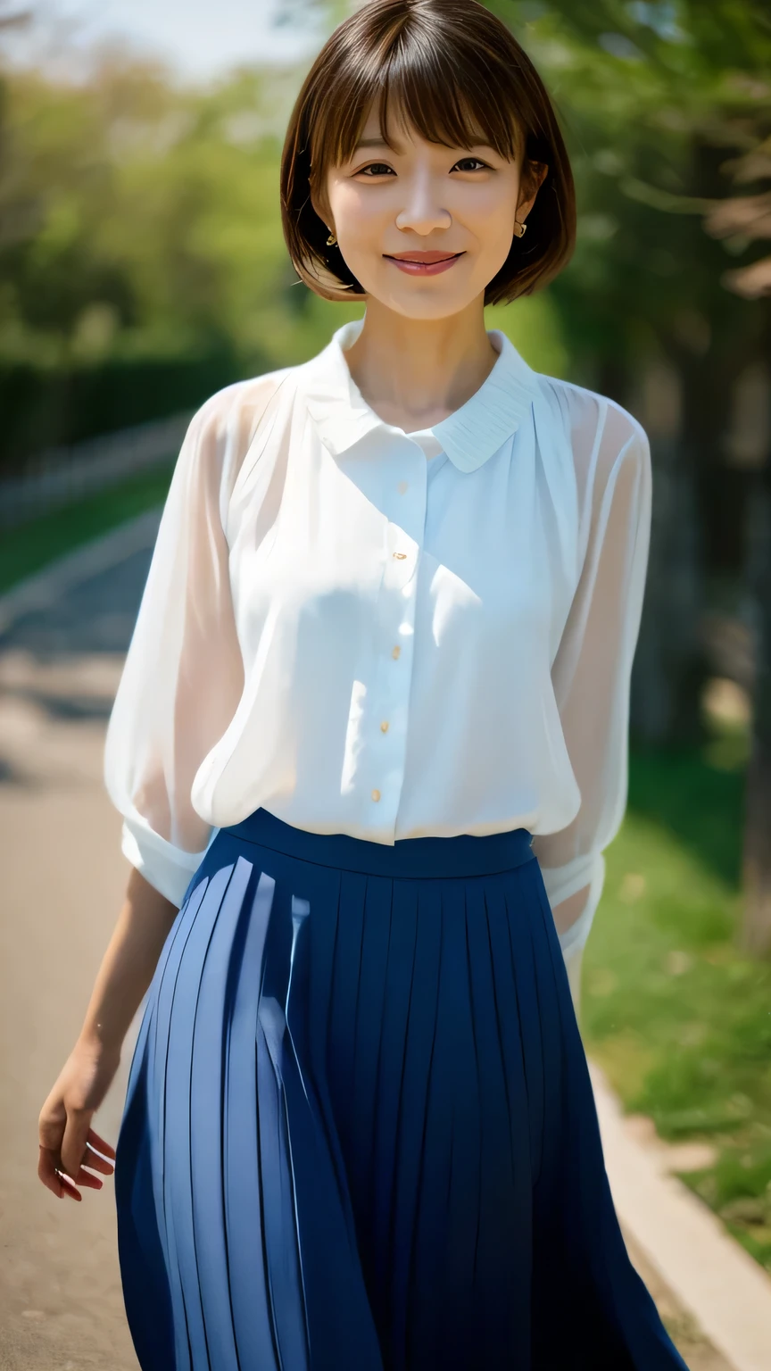 Close-up photo focusing on upper body、、Highest quality、masterpiece、Ultra-high resolution、(reality:1.4)、RAW Photos、One Mature Woman、、30 year old Japanese housewife、Realistic facial wrinkles、White Sheer Blouse、Long Bob Cut Hair、Dark blue pleated long skirt、Cowboy Shot、Walk towards here、Look at me and smile、Close-up shot focused on upper body、City of night、Walking Path、