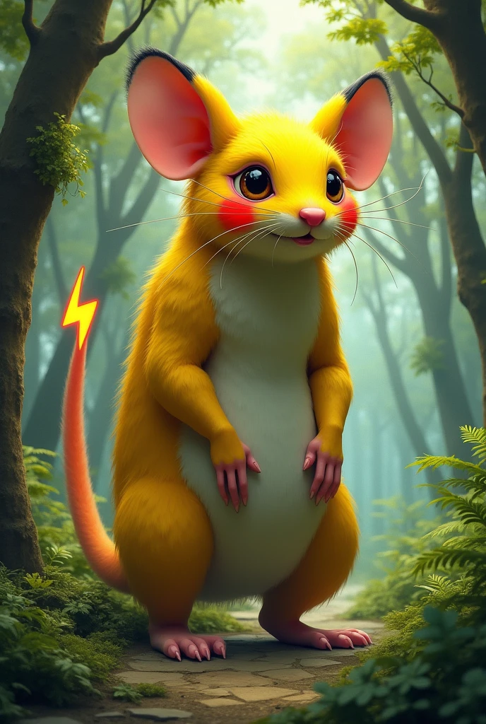 A giant rat, yellow with red cheeks, with pointed ears with black tips, with a thunder-shaped tail in a forest