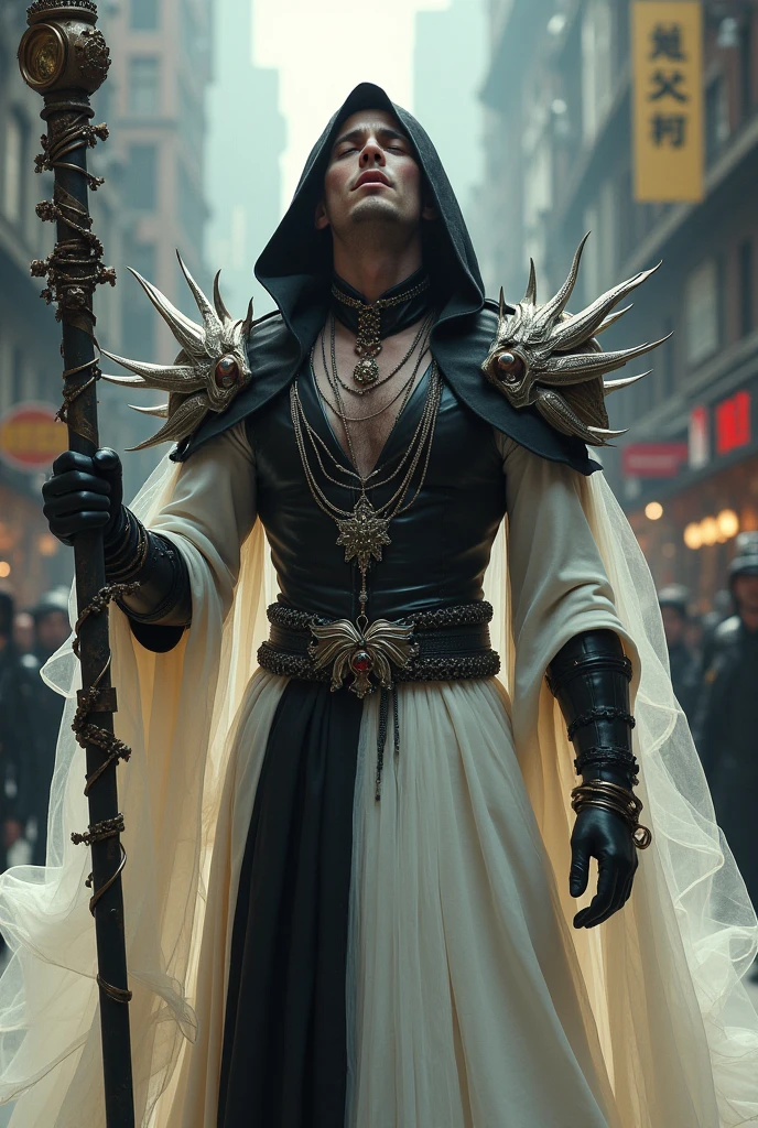 1 guy, a high resolution, masterpiece, in a hood and black leather, detailed face, Perfect eyes, ruby-colored eyes, upper body, whole body, White dress, Jewelry, White gloves, cityscape, holding, staff, singing