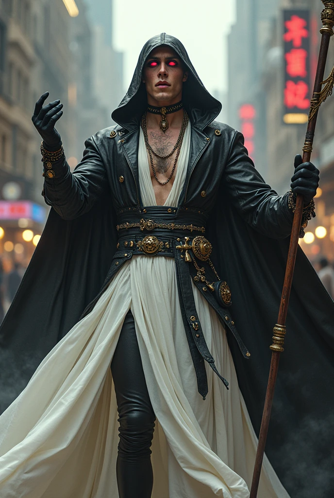 1 guy, a high resolution, masterpiece, in a hood and black leather, detailed face, Perfect eyes, ruby-colored eyes, upper body, whole body, White dress, Jewelry, White gloves, cityscape, holding, staff, singing