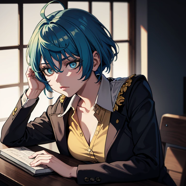 a woman with blue hair and a black jacket, beautiful natural lighting, yellow eye, pretty clothing!, 1 9 th, natural short hair, beautiful goddess, sultry look, light borwn hair, wear's beige shirt, morning light, looking exhausted, ultra detailed, best quality, expressive eyes, perfect face,