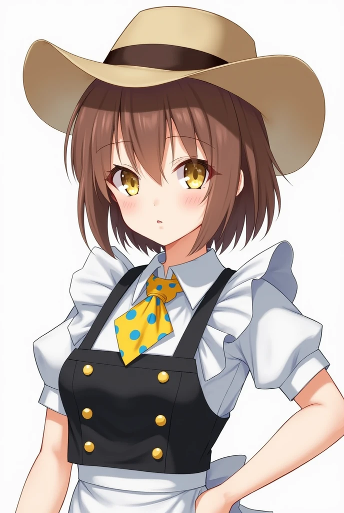 Clover is a human hotter adult women of fair complexion and short brown hair. Official art portrays Clover with yellow irises.
Clover wears a maid costume colored black and white, presumably denim, They wear a pair of brown shoes and a light brown cowboy hat with a dark brown hatband. Around their neck, Clover sports a yellow bandana with maid costume dot pattern (though some official art depicts it as a checkered blue and yellow bandana and handed a gun he is dressing maid costume