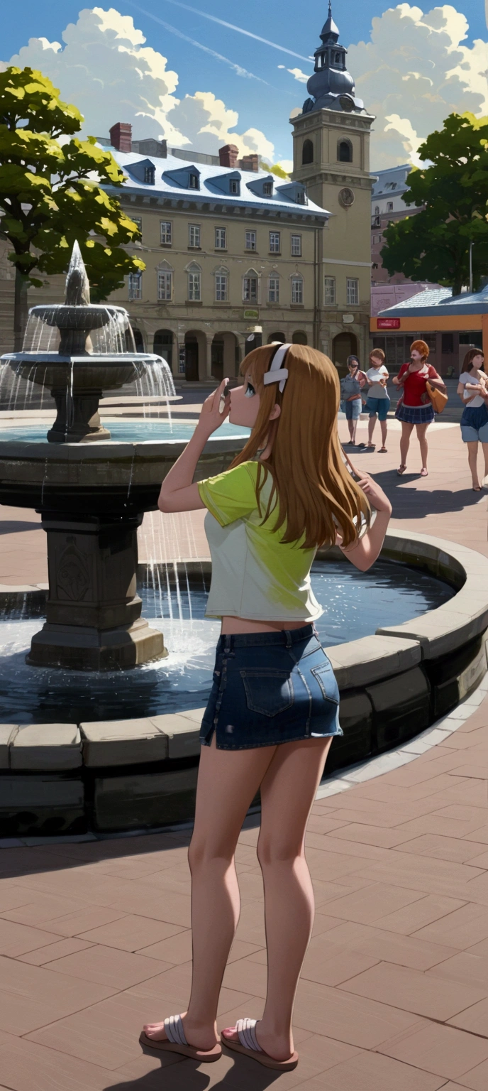 realistic anime illustration of Ukrainian young woman at city square, old European style architecture and fountain scenery, she has brown long hair (+multicolored hair, blonde hair), wears denim pencil mini skirt, and sandals, (front view, looking at viewer), (1girl, solo, full body), (masterpiece, best quality, japanese anime style), (expressive eyes, perfect face)