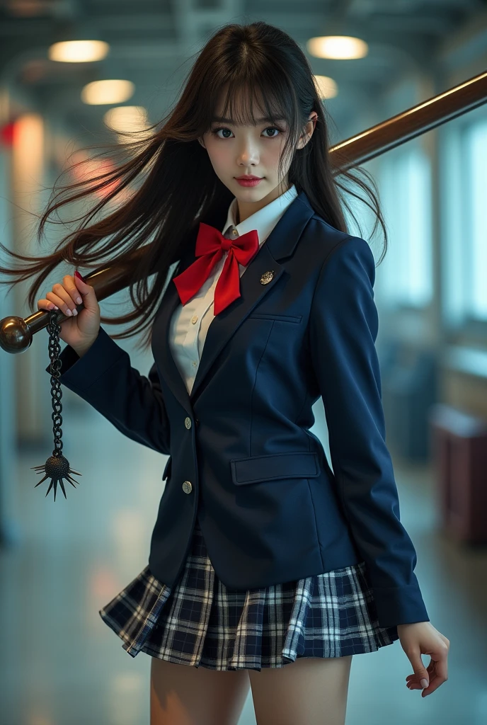 super realistic, wide angle shot, 1 Dame, Japanese woman, Waves Long Hair, Large and brightly sharp eyes, longeyelashes, a navy blue blazer uniform over a white shirt and a red bow tie, plaid miniskirt, white calf socks and white sneakers, holding a flying guillotine, a weapon, which consists of an iron ball covered with spikes, who are on a long, long chain end is attached., Chiaki Kuriyama, Gogo Yubari, Kill Bill, Interior, Bokeh effect, depth of field, hyper-realistic, professional photography, cinema lights