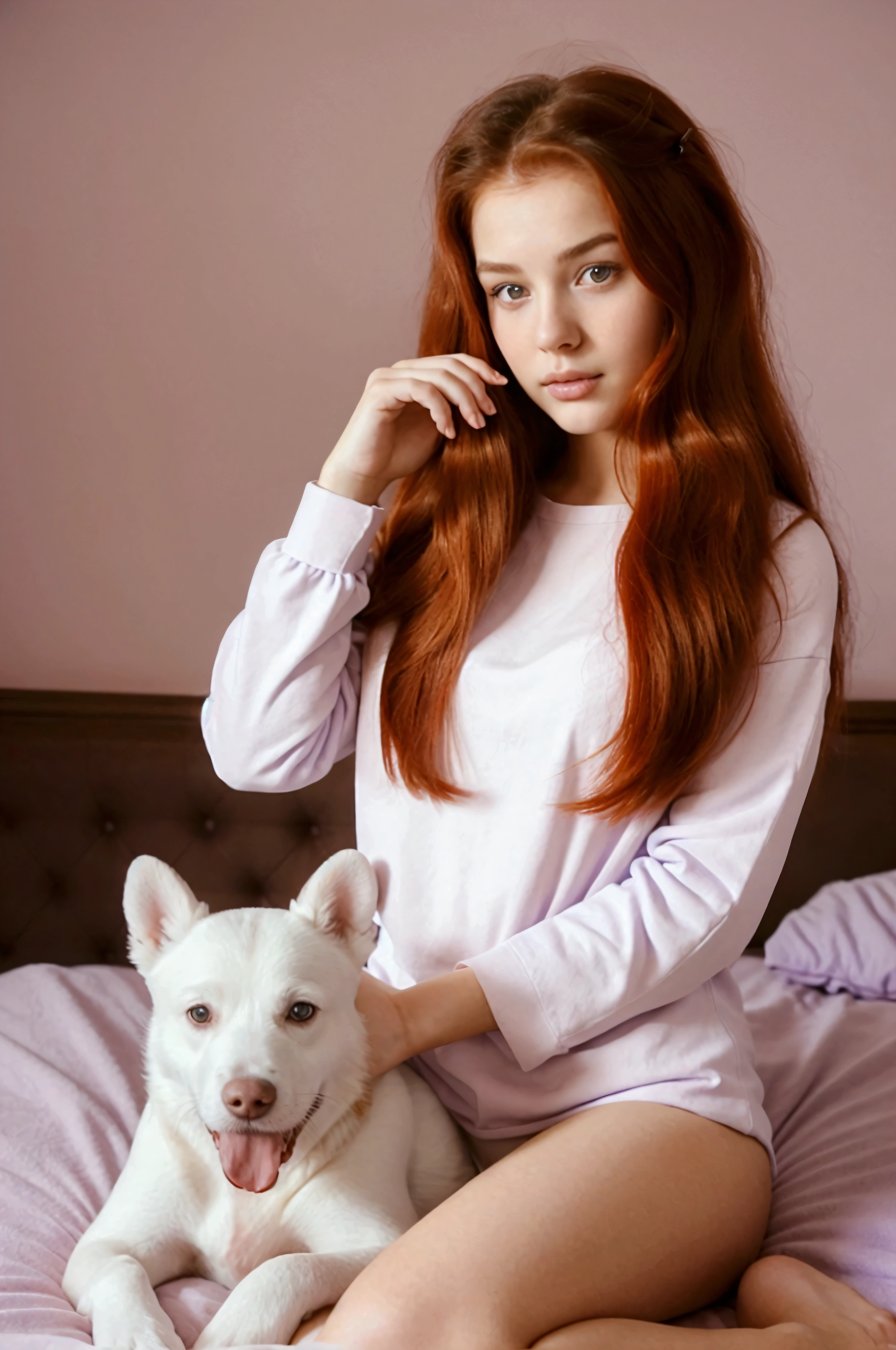 beautfull woman, Youngh, 20 years old, with red hair, brown-eyed, realisitic, sitting on the bed in her purple room with her white dog by her side