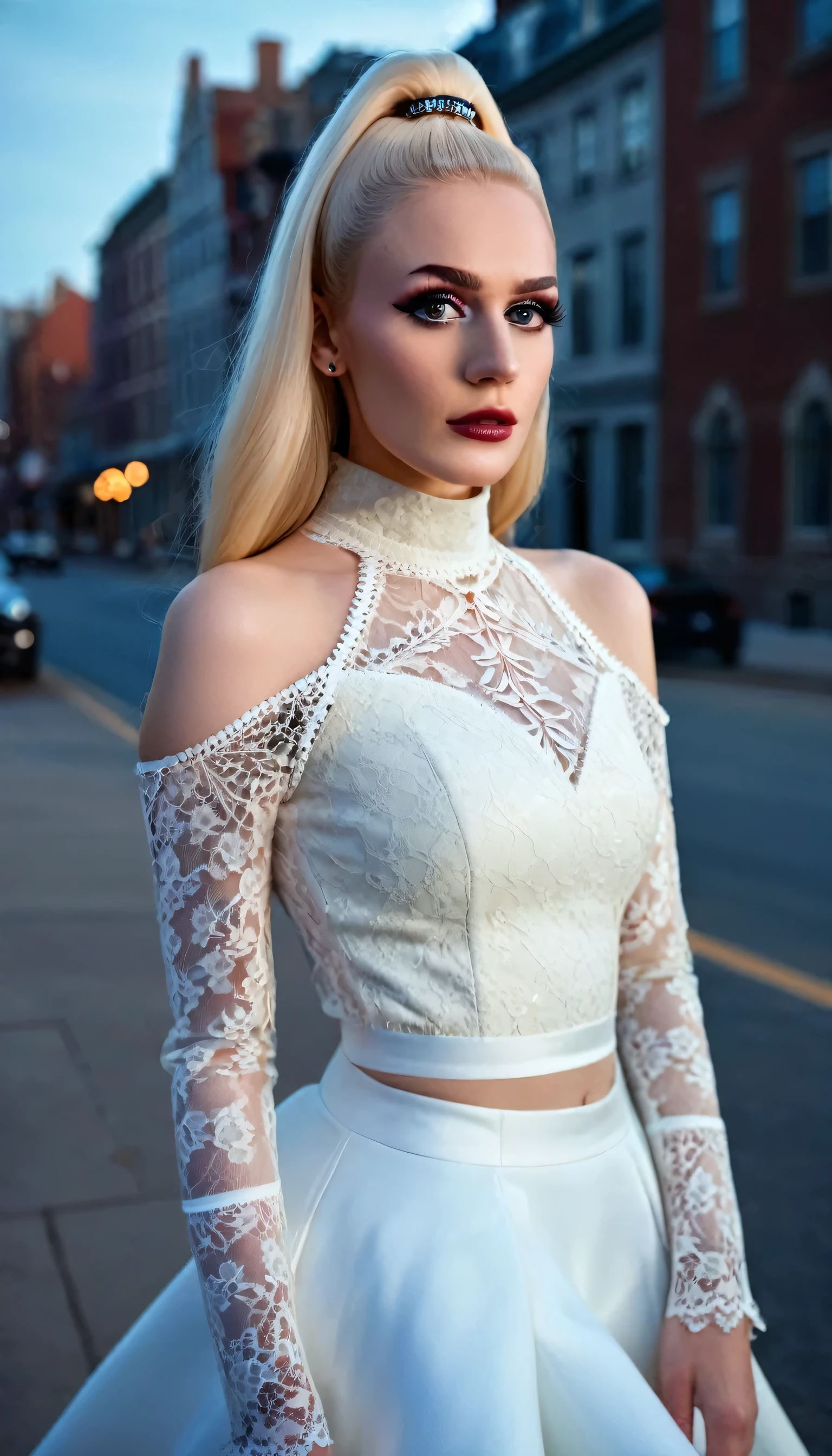 cinematic film still a professional photography headshot of an ((ohwx woman)) in a 
Dior	High neck lace overlay top, fitted lace bodice	Full A-line skirt with layers of tulle and lace	Pointed toe pumps with ankle strap	Pearl drop earrings, lace gloves,
perfect detailed face, detailed eyes, detailed skin, classic multicolored hair, colored eyelashes, incredibly detailed, natural lighting, outdoors, bokeh background, symmetrical figure, city street backdrop, professional setting, beautiful effects, perfect photography, highest quality work, shot by a professional photographer . shallow depth of field, vignette, highly detailed, high budget, bokeh, cinemascope, moody, epic, gorgeous, film grain, grainy