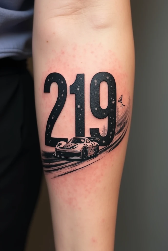 Tatouage simplifiée avec le numero 219 dans un style en rapport avec la course automobiles 