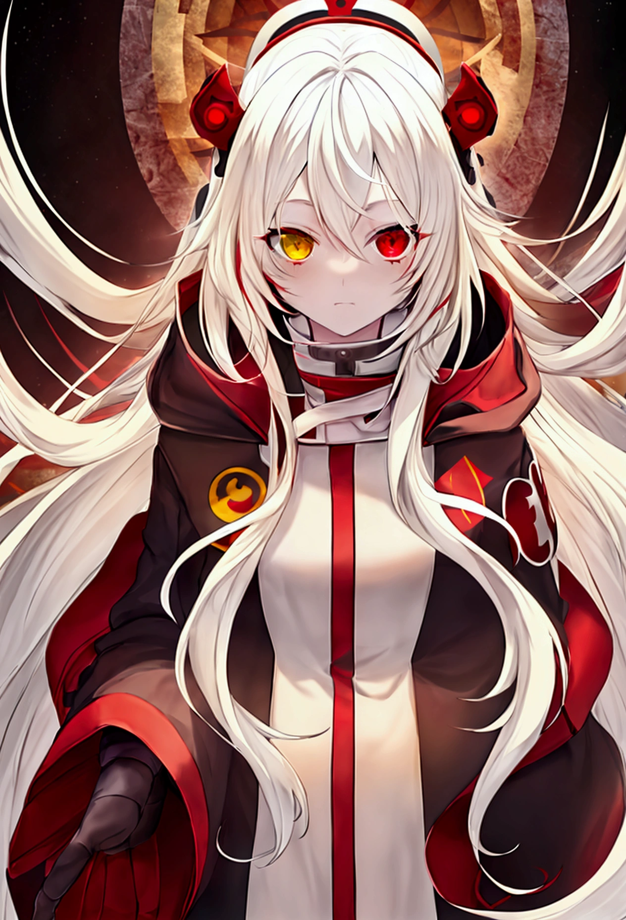 Anime girl, long hair, white hair, yellow front hair, red eyes, yellow eyes, heterochromia, black hood, wearing hood, sexy, hot, white coat, red shirt, red pants, looking at the viewer, human, crown, omnipotent, red stripes, red cross, symbols