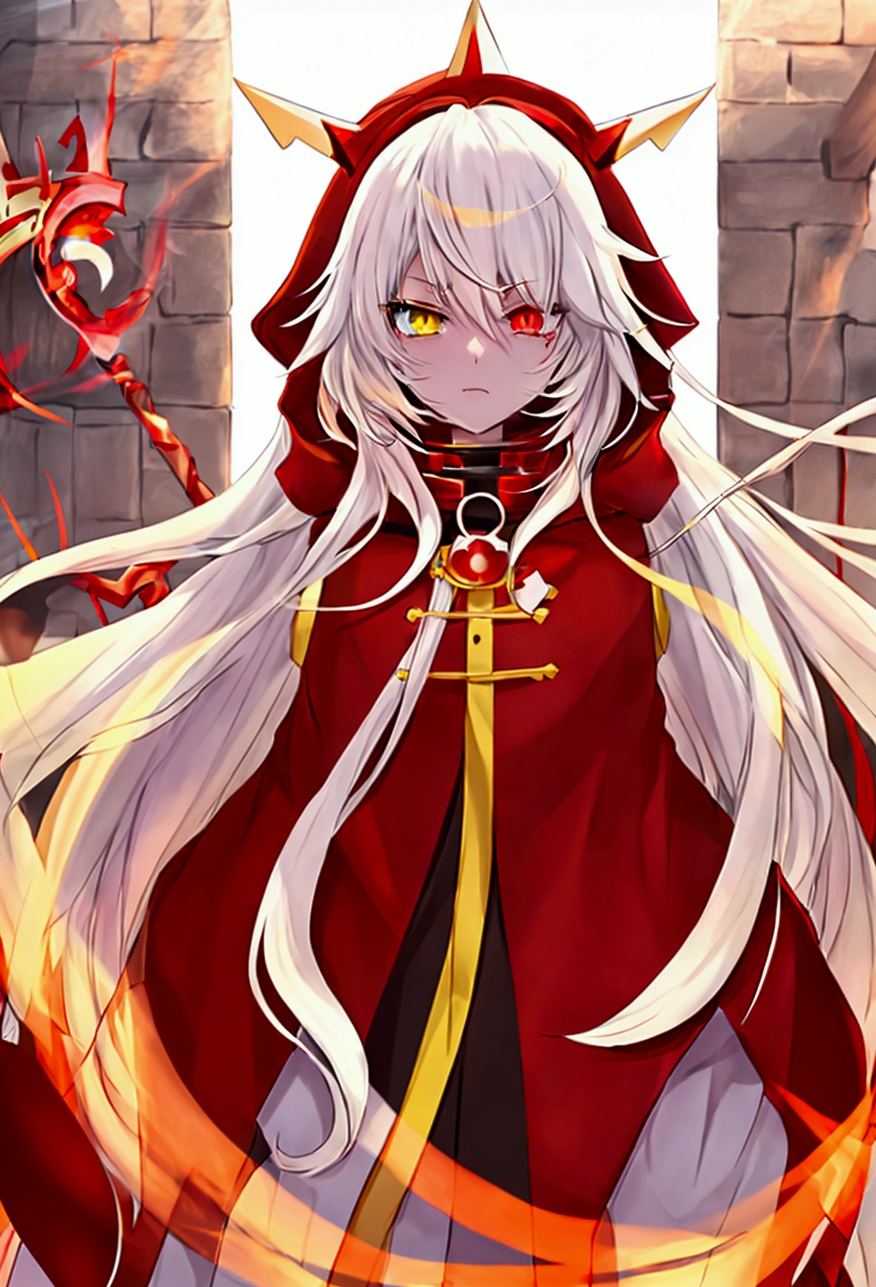 Anime girl, long hair, white hair, yellow front hair, red eyes, yellow eyes, heterochromia, black hood, wearing hood, sexy, hot, white coat, red shirt, red pants, looking at the viewer, human, crown, omnipotent, red stripes, red cross, symbols