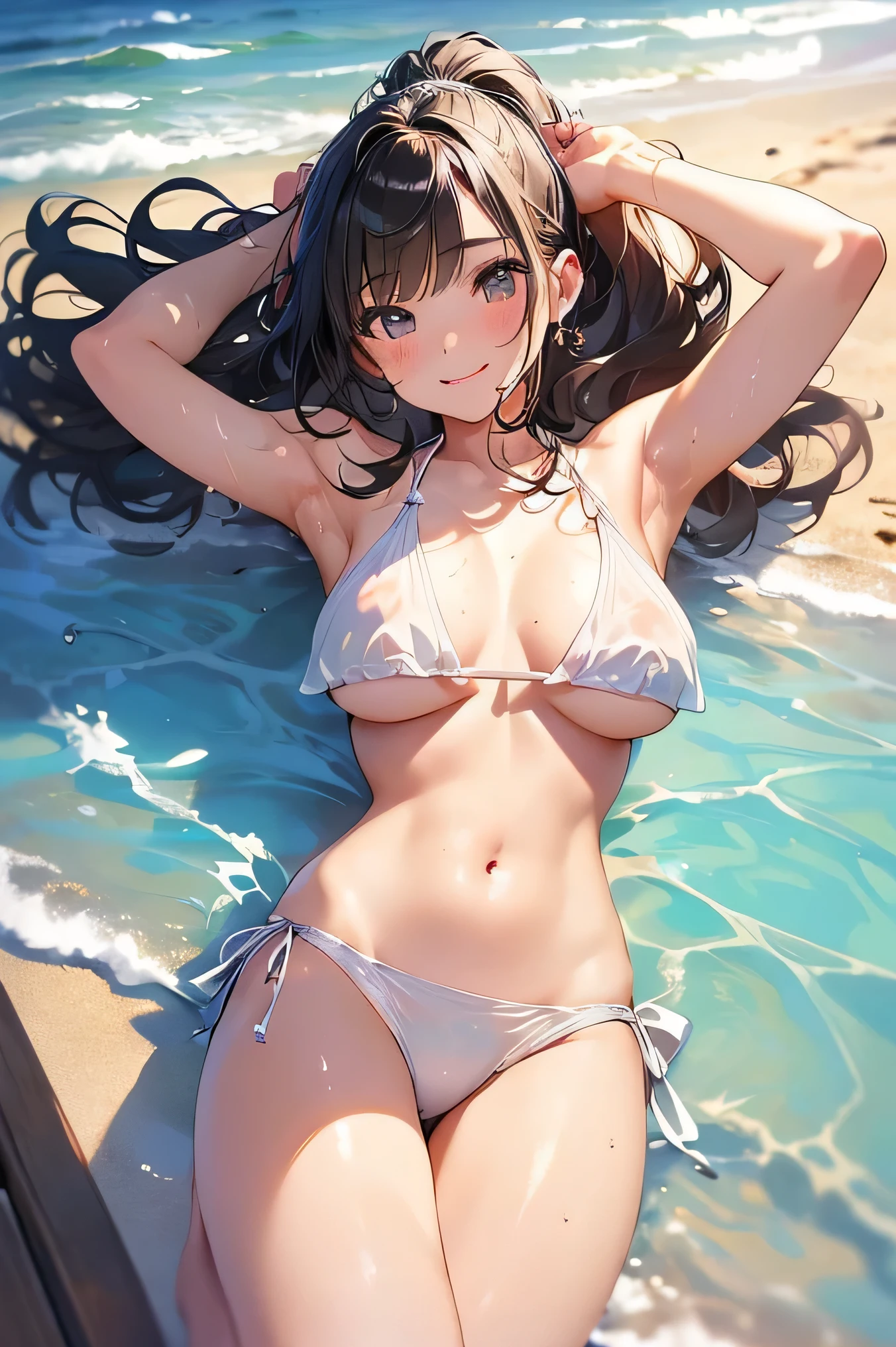 Highest quality、High resolution、Detailed Background、(Beautiful face in every detail:1.4)、Anatomically correct、(Normal number of fingers:1.2)、(Highly detailed face:1.4)、(Detailed eyes)、age beauty、Perfect body line、(Huge breasts:1.2)、Light color hair、ponytail、Bobcut、Long Hair、Wavy Hairstyle、Cute gestures、Jokingly、Sleeveless white sailor suit、White sailor collar、Pleated andy beach in clear weather、barefoot、Blushing、My clothes are wet and transparent、A big smile、(Show your side:1.2)、(underboob:1.2)、Panty Shot、(Beautiful girl lying on the beach:1.5)、cute