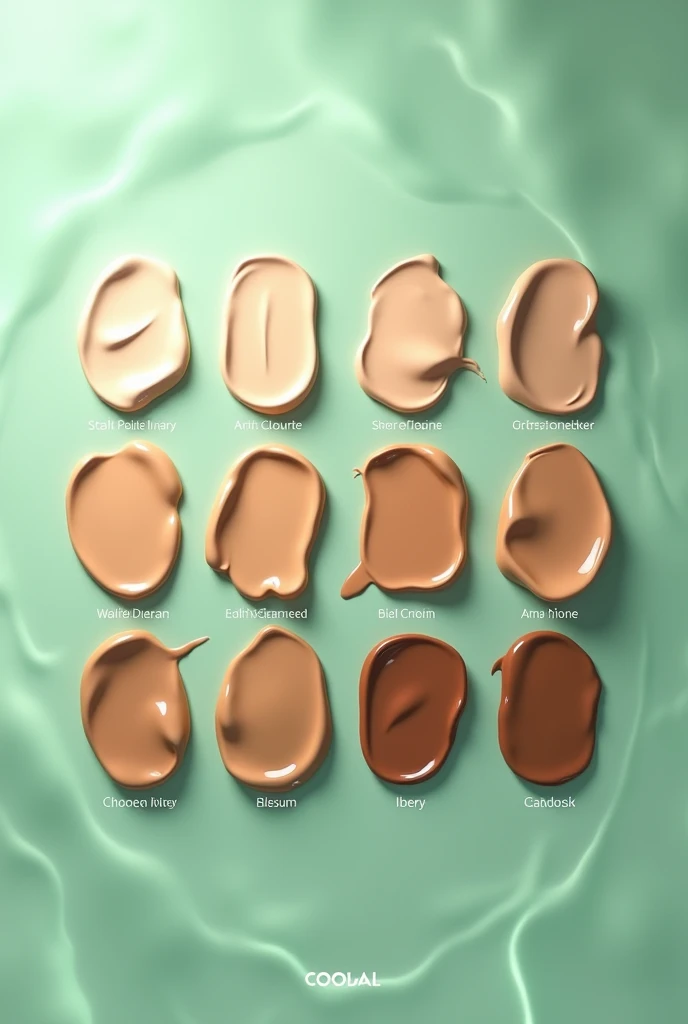 create skin test of makeup concealer, with 16 different tones, with water green background