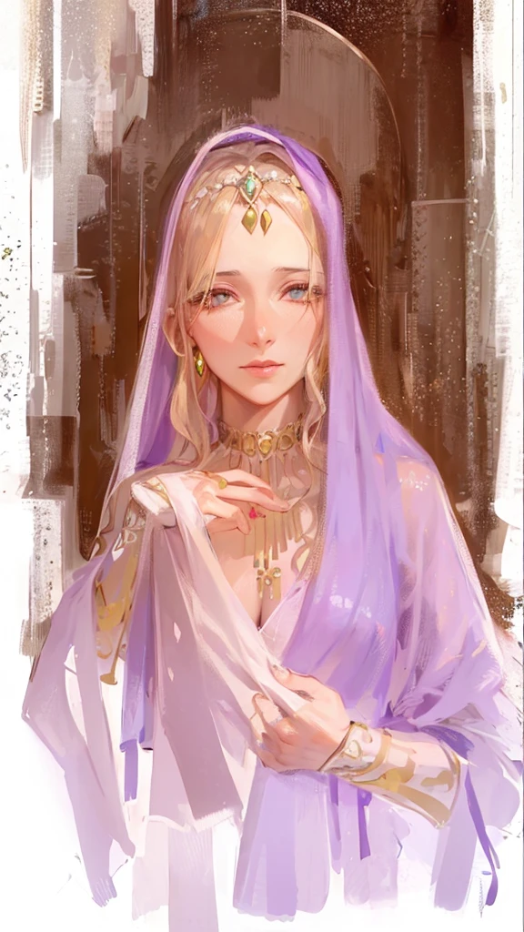 Beautiful young woman, golden haired,purple eyes, soft smile, purple long veil falling on her and which she holds one side of it. She has a headpiece of jewels on her forehead. She is wearing a luxurious pale purple oriental golden gown. She has this aura syrrounding her. She is breathtakingly luxurious dressed with jewels and silk.
Hyperréalisme, Résolution Haute, Précis, Modèle HD, Détails fins, Haute qualité, Résolution Haute, Hyperréalisme, Précis,, Réalisme, Réalisme,
