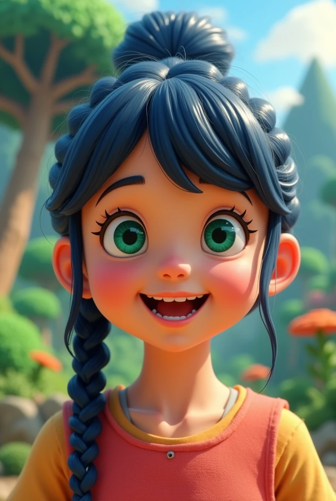 n64, n64style, screenshot of a nintendo gme, 1girl, indigo braided bun, green eyes, :D expression, masterpiece, 8k, high resolution, shallow depth of field, sharp focus
