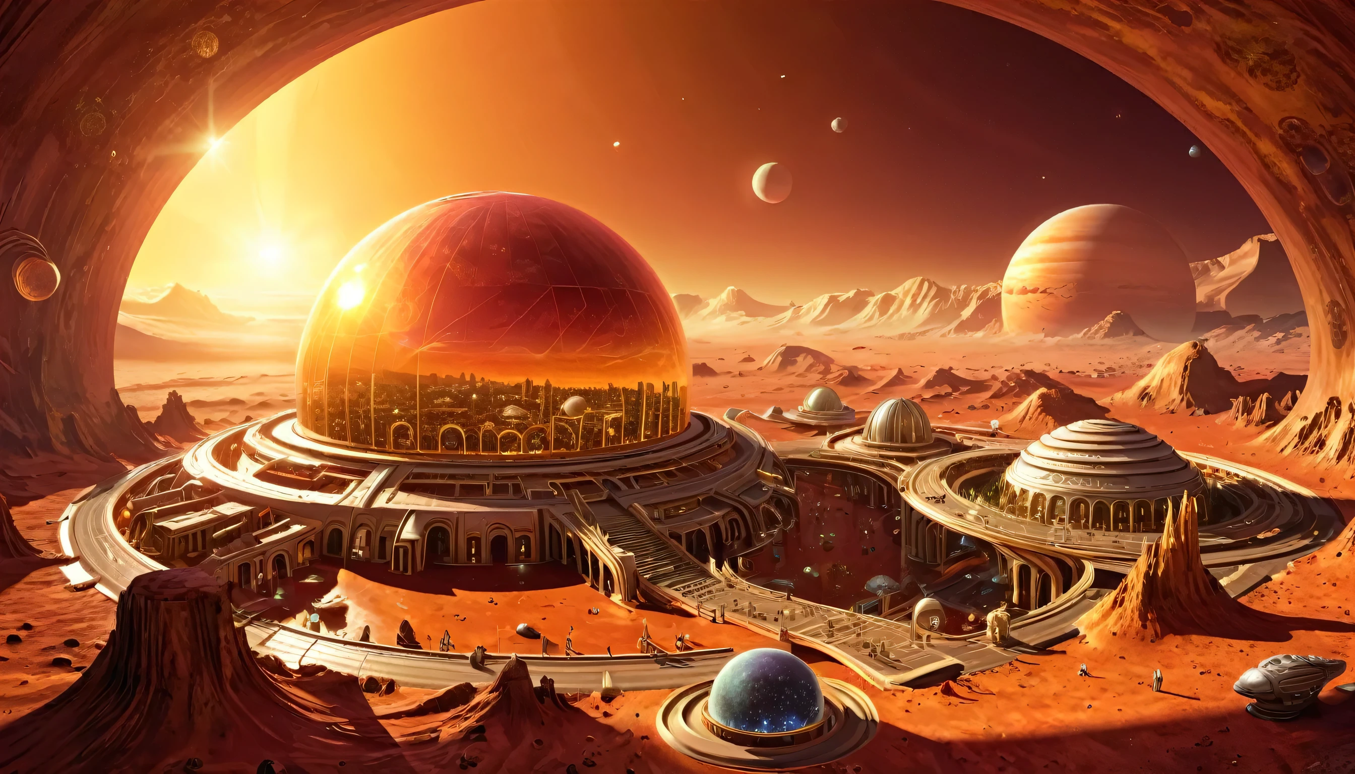 create an image of a big, huge space port on the surface of a red planet, where the space ships have landed, and the sun is far far away, there is no air on this planet, everything is built inside a big dome that shine in gold and glass.