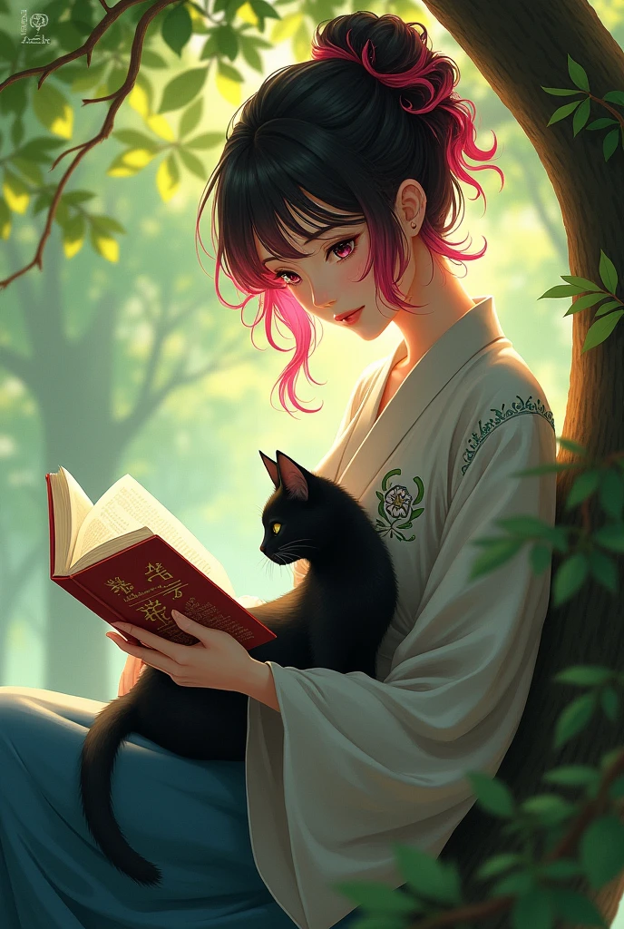 Japanese beautiful woman with bright hair and dark eyes, sat on a tree with a black cat on her laps. She is reading a book 