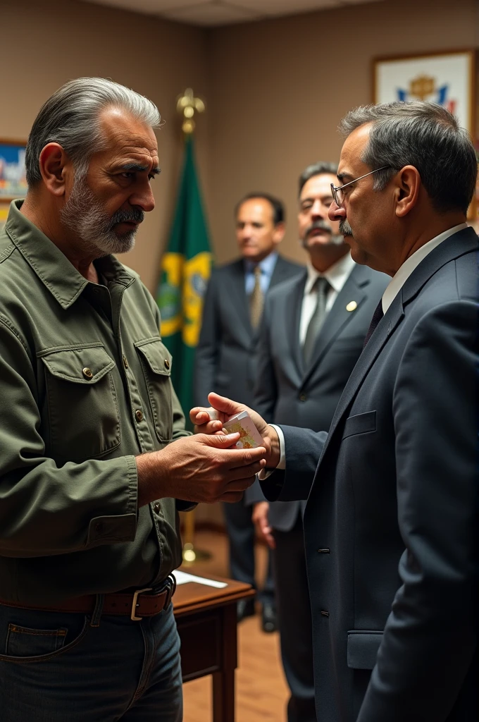 Create a photo of Pablo Marcal showing his work card to Boulos and Lula