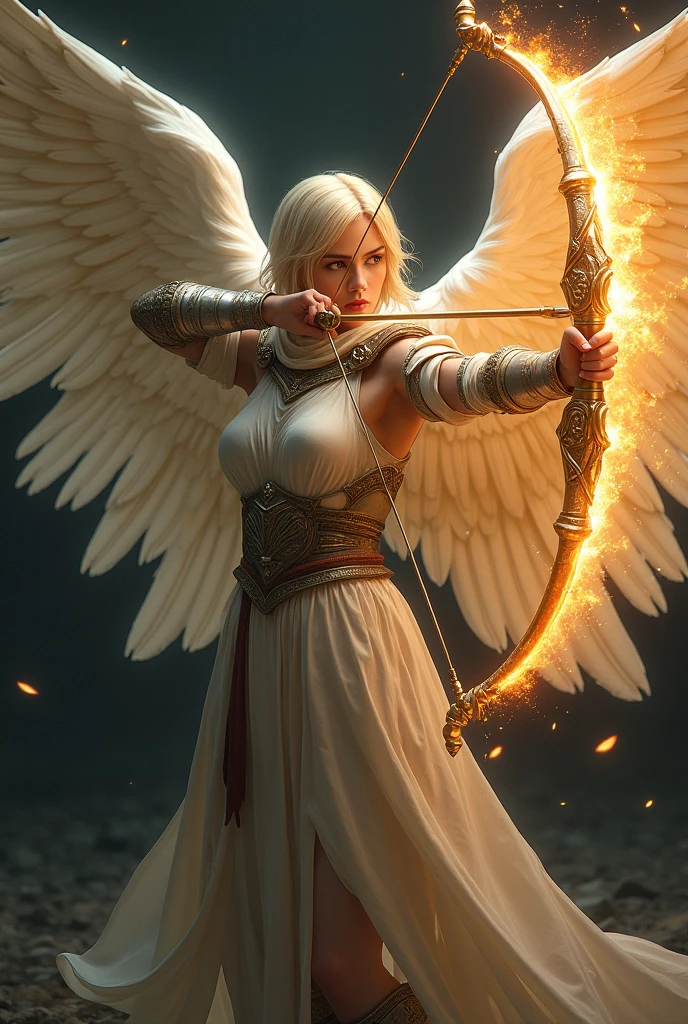 Dark scenery, female, Angel, realistic style, ((holding intricate bow), (aiming a flaming arrow at me)), Light angelic armor, Caucasian, short sandy hair, no skin showing except hand and face, determined look, six wings, photo