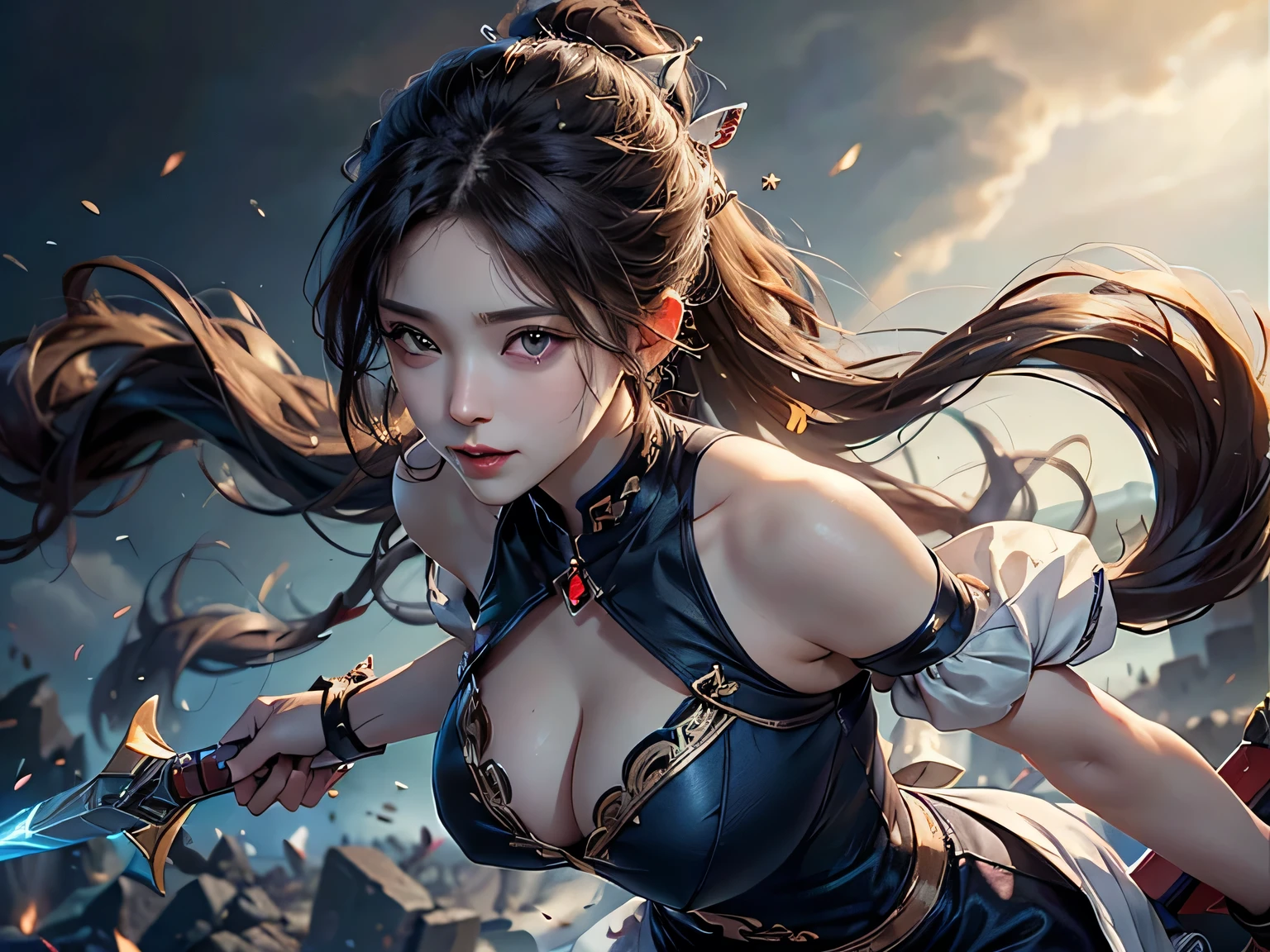 crystallineAI, (The weapon, made with magic, is three times the size of a human:1.5)、(RAW Photos)、(Realistic)、(Super detailed)、(High resolution:1.2)、(masterpiece)、(Highest quality)、(8k)、(Ultra-Details)、(Perfect Anatomy:1.3)、View your viewers、(Beautiful Eyes)、Beautiful and well-proportioned face、Angle from below、One woman、20-year-old(Full body photo)、Ancient magic city、(Female Magic Swordsman)、Black Hair、(Ultra-sheer outfit)、(Super hourglass body type:1.2)、(Super big breasts pointing upwards:1.3)、Narrow waist、(Holding the grip of the colossal weapon firmly with both hands:1.5)、The colossal weapon is made lightweight by magical power、gloves、Correct fingers、Giant magic circle in the background、A confident smile、(Sexy and acrobatic pose holding a greatsword)、(Increased costume transparency)、The magical weapon is levitating、magical realism
