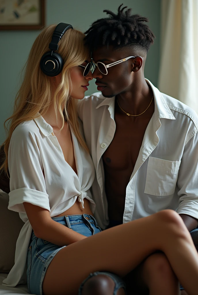 Create a photo of a 30 year old woman, with a slender and beautiful body, wearing jean shorts and an open white shirt, with white and clear skin, with long blond hair, wearing headphones and sunglasses and is sitting on the lap of a dark skinned black teenager, homely, Scrawny, bass guitar, who wears glasses and wears a white shirt and jeans