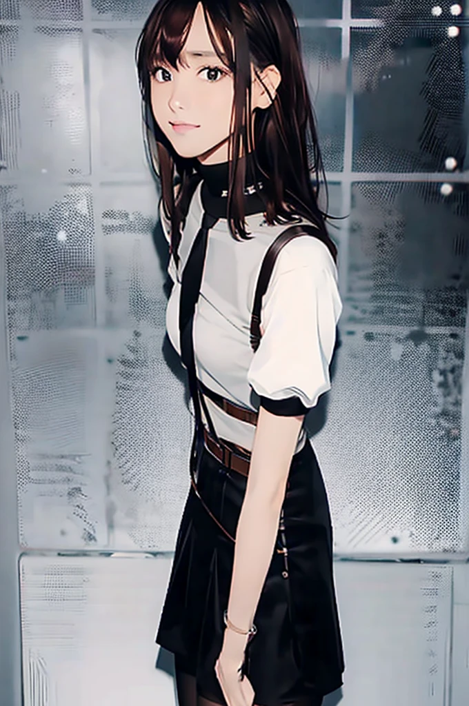 Black skirt, suspenders, Brown hair Gray eyes, Garter belt on the legs, Tight clothes, a belt Armpit sweat Dark look Moderately breasts holster Belt Chain hair adornments poneyTail