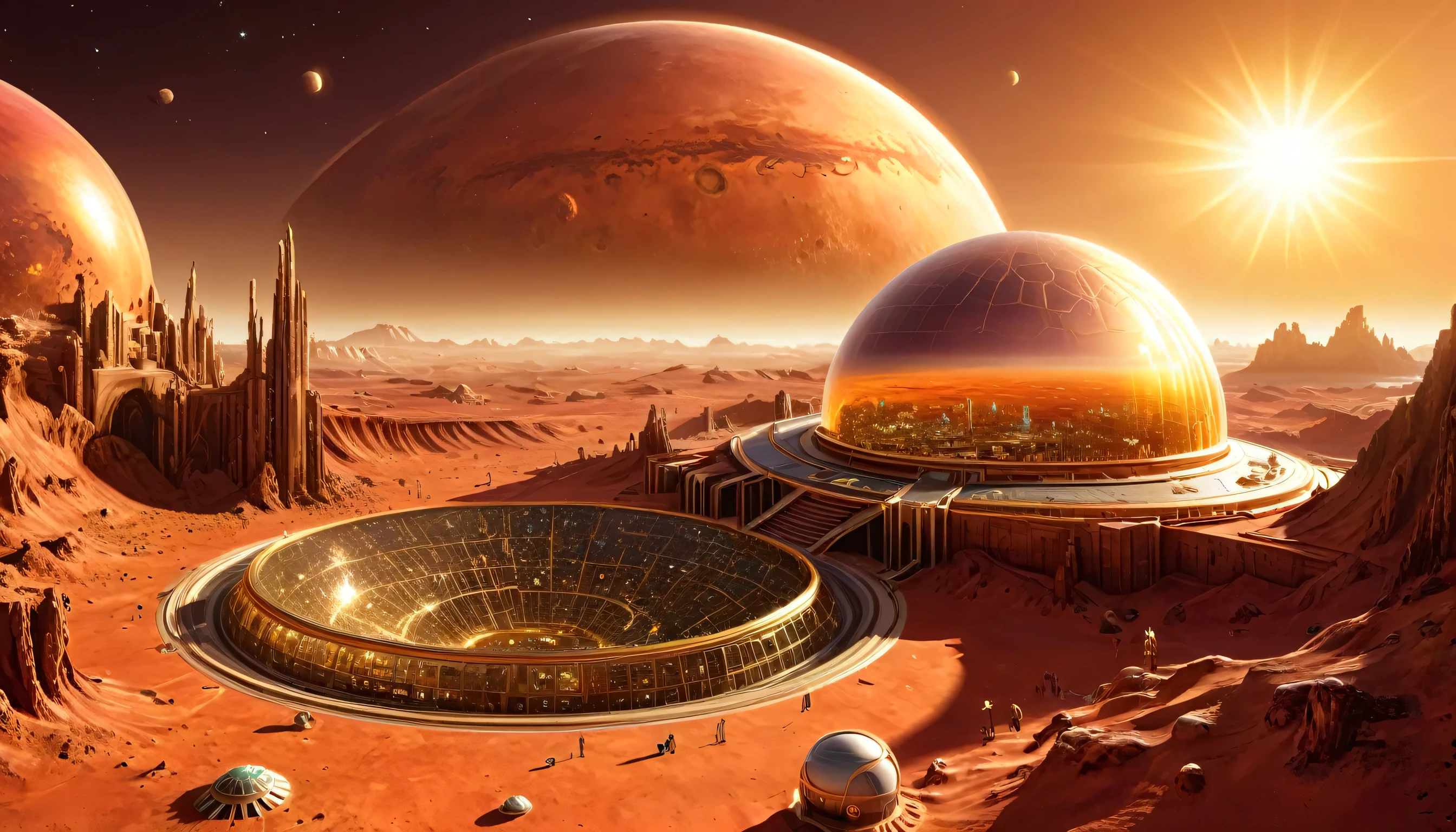 create an image of a big, huge space port on the surface of a red planet, where the space ships have landed, and the sun is far far away, there is no air on this planet, everything is built inside a big dome that shine in gold and glass.