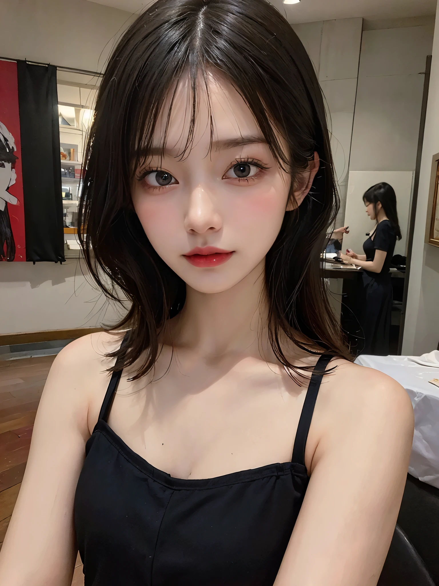 ((Top Quality, 8k, Masterpiece: 1.3)), Beauty, Hide Face, 1 Girl, Beautiful: 1.3, Slender Abs: 1.1, Camisole, Black Hair medium, Ultra Detailed Face, Highly Detailed Lips, Detailed Eyes, Double Eyelids, selfie,