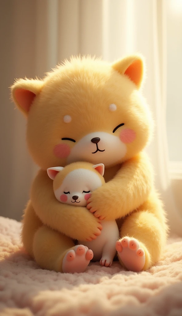 Scene 3: Squeaky comforts Tiny
- Image prompt: Squeaky wrapped around Tiny, keeping her warm and cozy. Tiny's eyes closed, looking calm and safe.