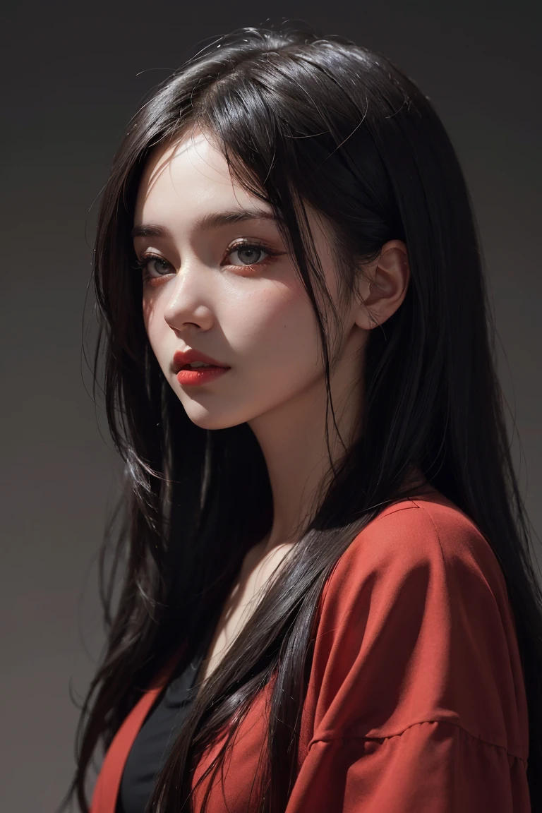 a 20 yo woman,long hair,dark theme, soothing tones, muted colors, high contrast, (natural skin texture, hyperrealism, soft light, sharp),red background,simple background,