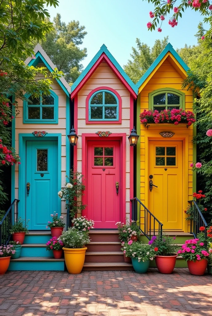 Front facing image of 4 single story multicoloured bright coloured boho chic short windows in a row with multicolour pots of flowers