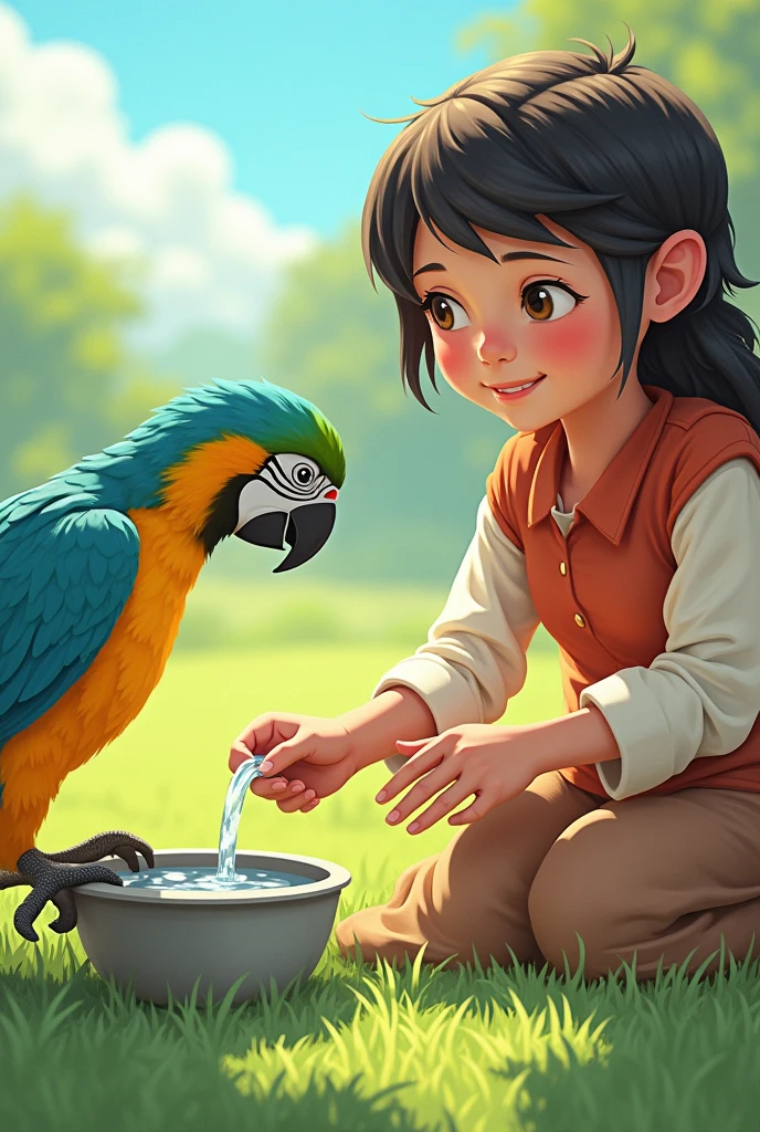Every day, Mishal would give him water."
Prompt: An illustration of while Mishal is pouring water into a small bowl for the parrot. The setting is outdoors near their house, with green grass and a bright sky.