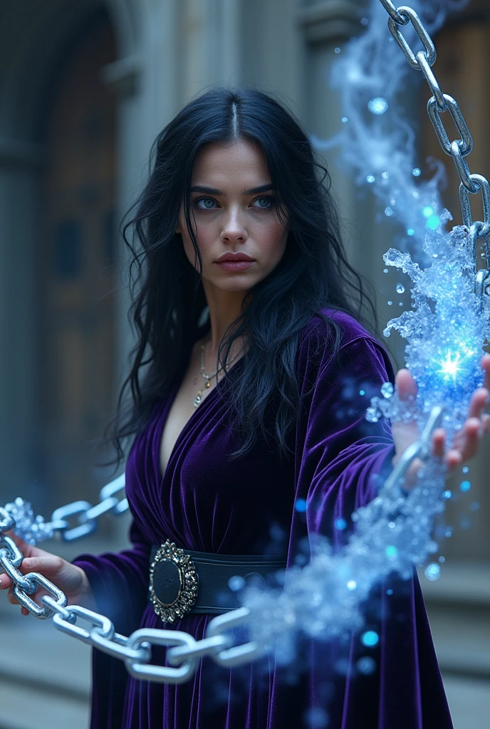 photo of a sorcerer casting magic, the left hand grasp a massive chain with ice effect, right hand grasp a massive chain with fire effect, she wearing a dark violet tunic made from velvet, she has long messy black hair and purple eyes, the chain is floating in the air, cinematic lighting, vidid light, photo focus on the chains, accurate flowing chains