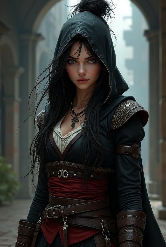 Can you generate character design of female, looks like jennifer carpenter with black hair in messy bun. Grey eyes. In black and dark red renaissance assassin creed brotherhood inspired clothing with hood on her back. Semi realistic comics style.
