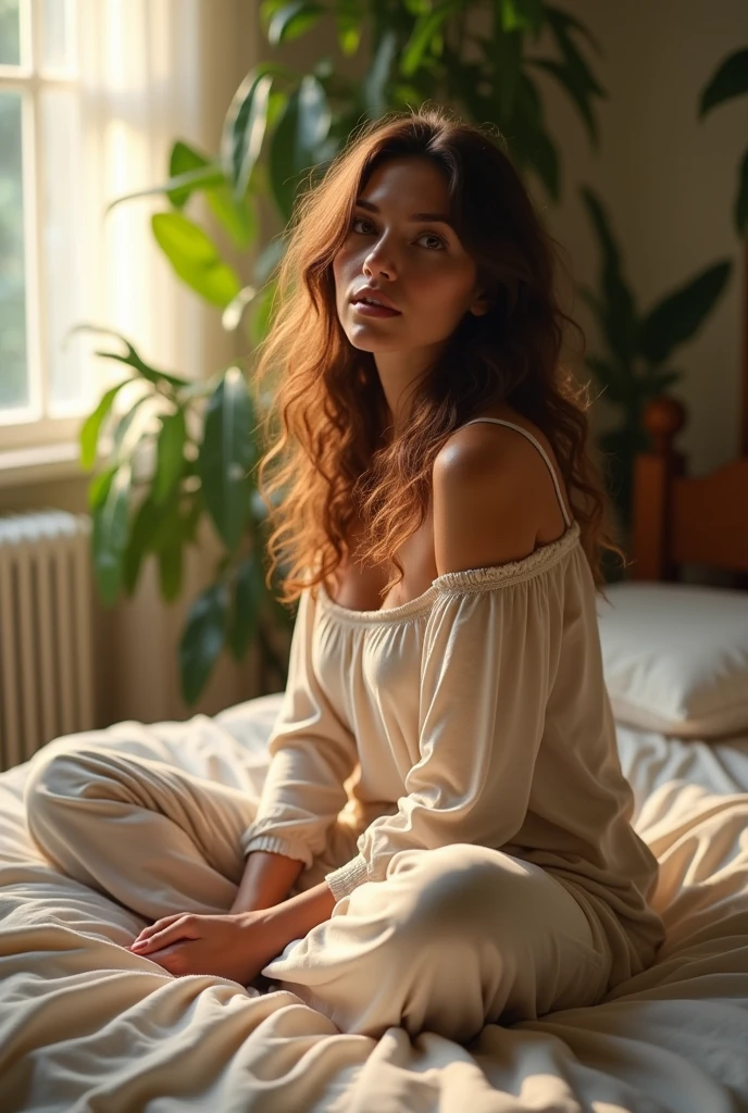 (photorealism:1.2), beautiful woman, sitting on bed, wearing loose off-shoulder top, pajama pants, long curly hair, indoors, soft lighting, plants in background, window with sunlight, cozy room, relaxed pose, realistic, intricate details, warm colors, by Greg Rutkowski, by Alphonse Mucha