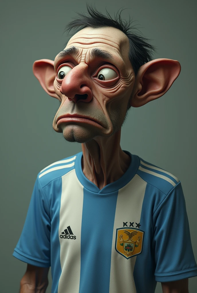 Very sad skinny man with big nose wearing Argentina shirt